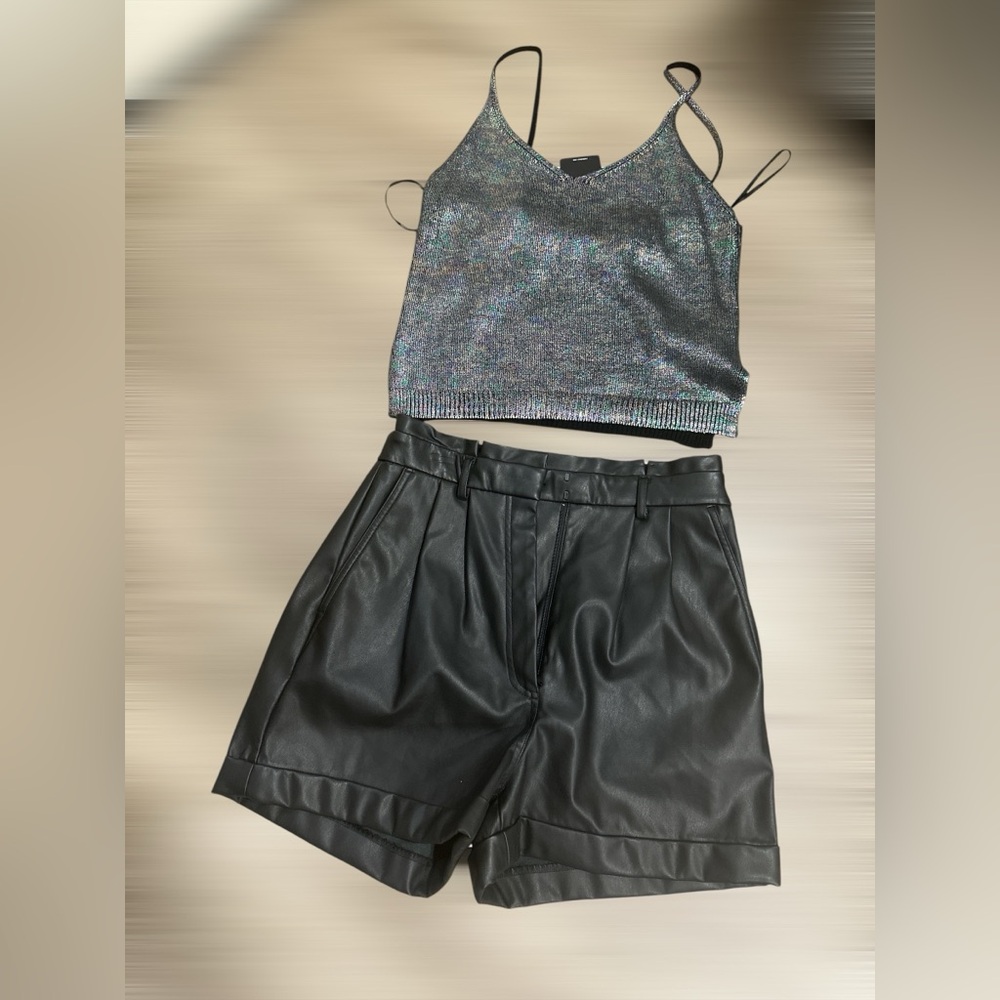 Express Shimmering Silver Top and Black Shorts Set